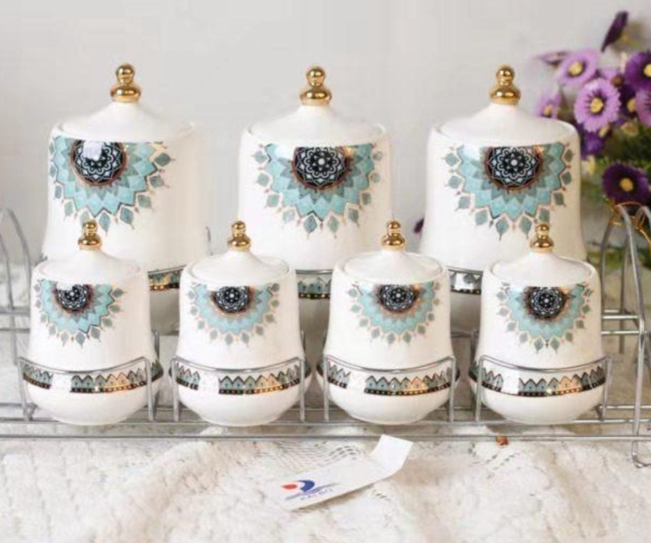 White Ceramic Moroccan Style Kitchen Canister Set with Metal Rack